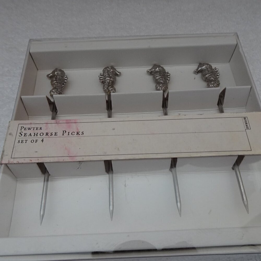 Set of 4 Pewter Party Picks Skewers Seahorse Snack Appetizer Hor D Oeuvre Cheese - Picture 6 of 9